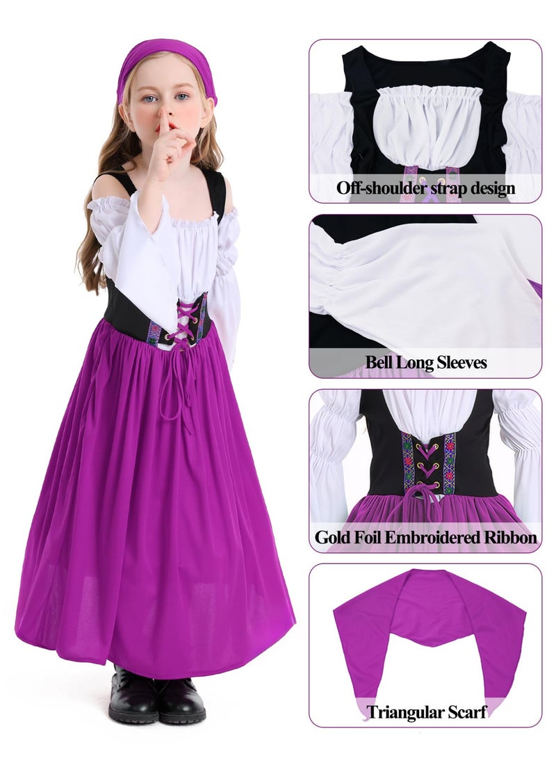 نيبمينينت Renaissance Medieval Princess Costume Dress for Girls | Victorian Bell Sleeve Off-Shoulder Gown with Headband | Fancy Dress-Up for Halloween, Cosplay, Themed Parties (Ages 4-16 Years) - Image 5